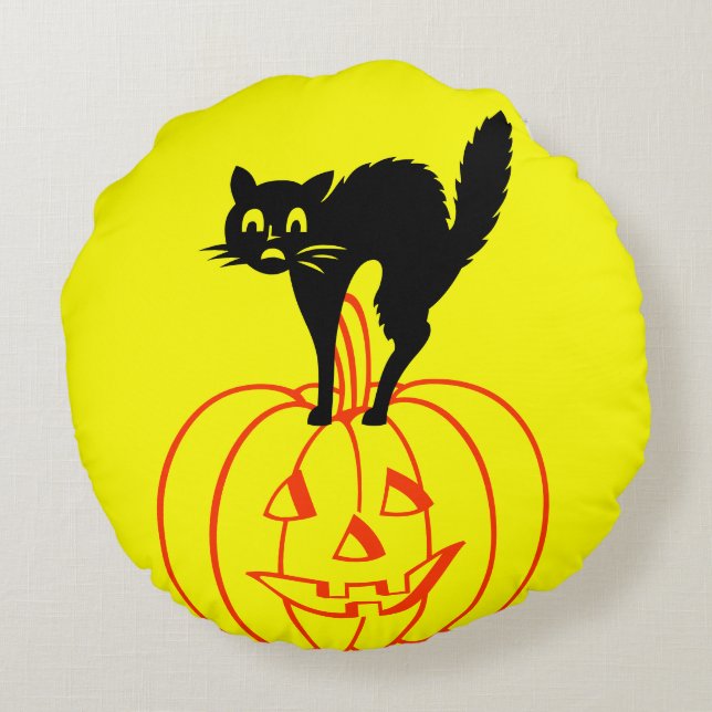 Svart och gula dödskallar Pumpa Katt Halloween Rund Kudde (Baksidan)