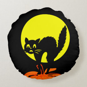 Svart och gula dödskallar Pumpa Katt Halloween Rund Kudde