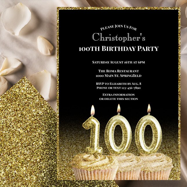 Svart och guld 100-års födelsedagsinbjudan för hon inbjudningar (Skapare uppladdad)