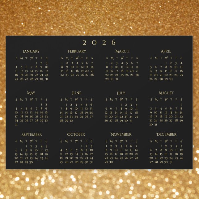 Svart och guld 2026 Årlig kalender Magnetisk kort (Black and Gold 2026 Yearly Calendar Magnetic Card)