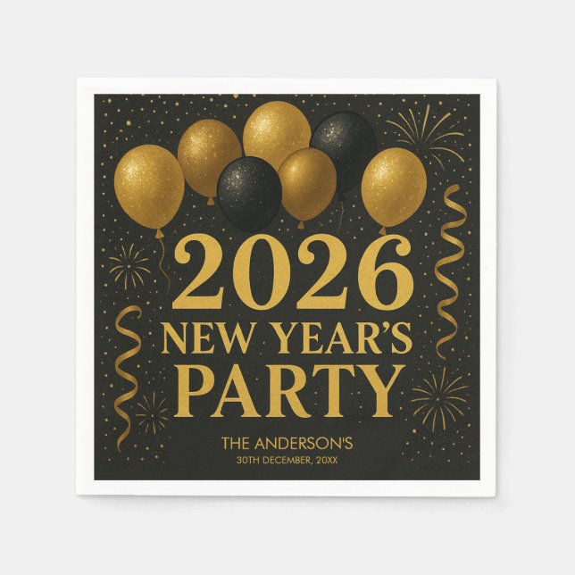 Svart och guld 2026 Nyårsfest Pappersservett (Framsidan)