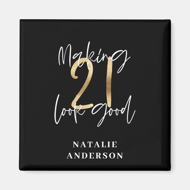 Svart och guld, 21:a födelsedag, modern snyggt för magnet (Framsidan)
