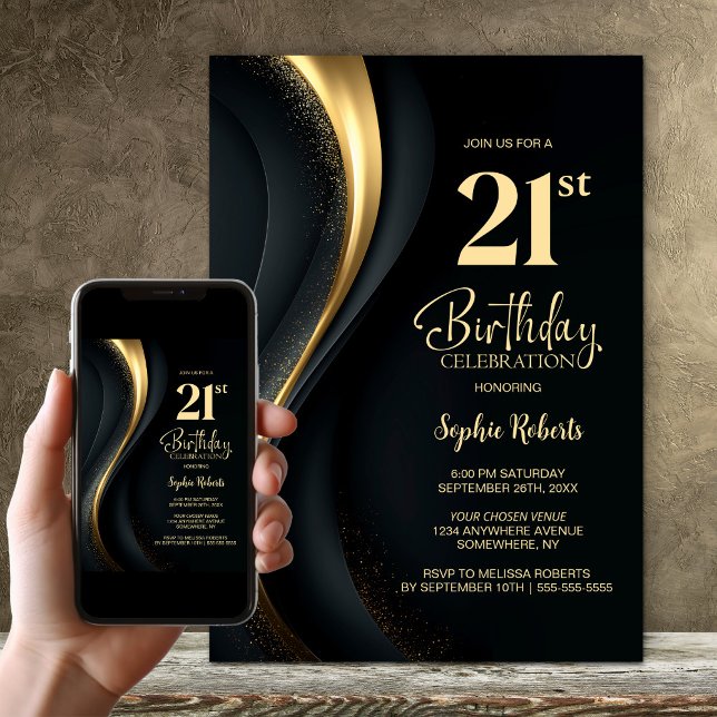 Svart och guld 21-års födelsedagsfest inbjudningar (Skapare uppladdad)