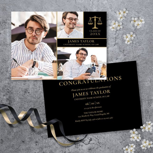 Svart Och Guld 3 Foto Juristexamen Firande Inbjudningar (Black And Gold 3 Photo Law School Graduation Party Invitation)