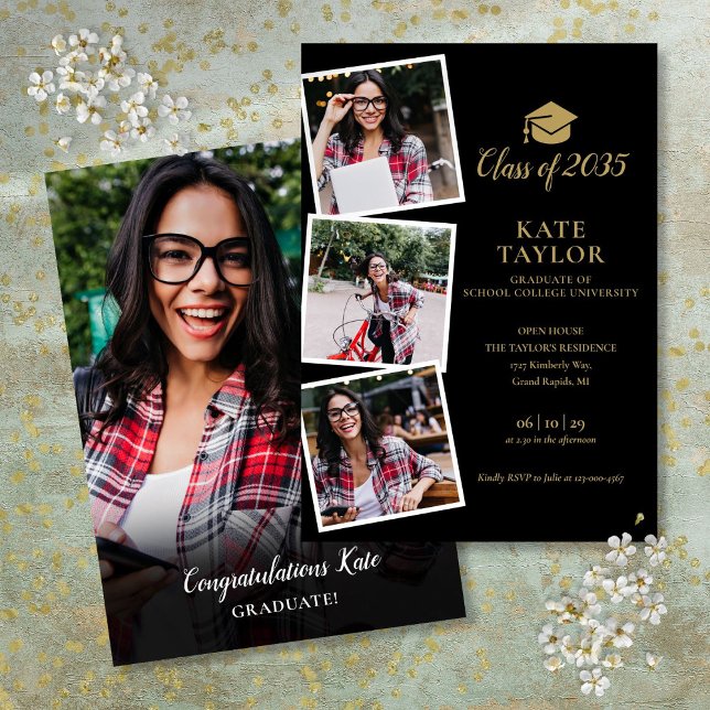 Svart och guld 4 foto examensfest inbjudningar (Black And Gold 4 Photo Graduation Party Invitation)