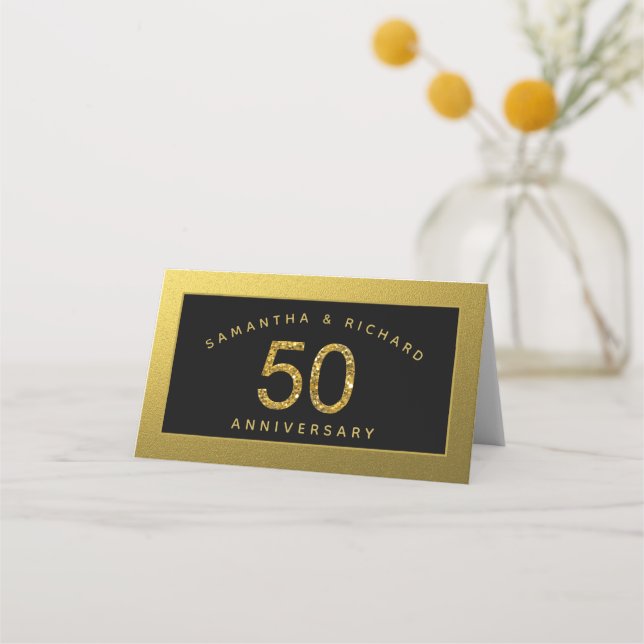Svart och guld 50-års bröllopsjubileum placeringskort (Framsida)