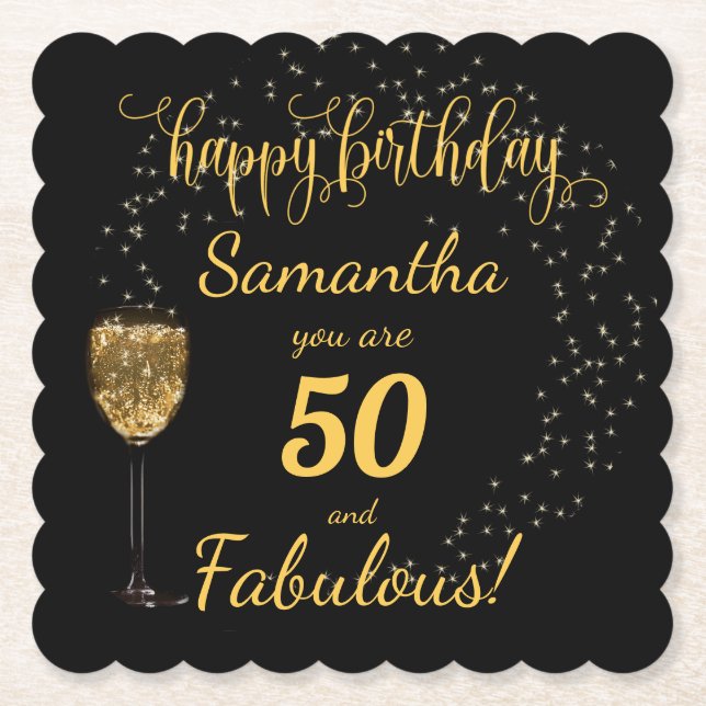 Svart och Guld, 50 och Fabulous, Födelsedagsfest Underlägg Papper (Framsida)
