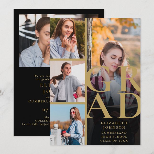Svart och guld 5-foto examensannonsering inbjudningar (Fram/baksida)