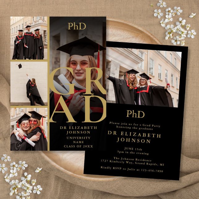 Svart och Guld 5-foto-PhD-gradens Studentfest Inbjudningar (Black And Gold 5 Photo PhD Degree Graduation Party Invitation)