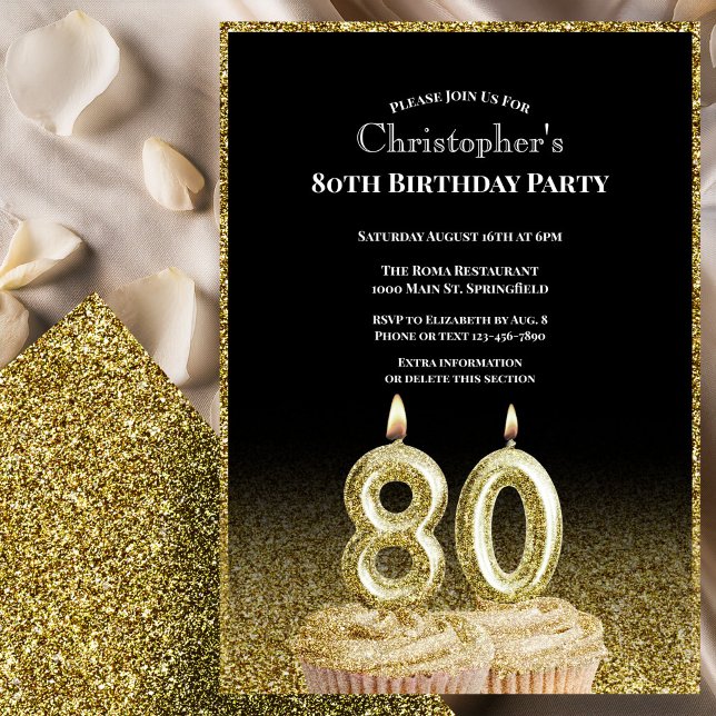 Svart och guld 80-års födelsedagsinbjudan för herr inbjudningar (Skapare uppladdad)