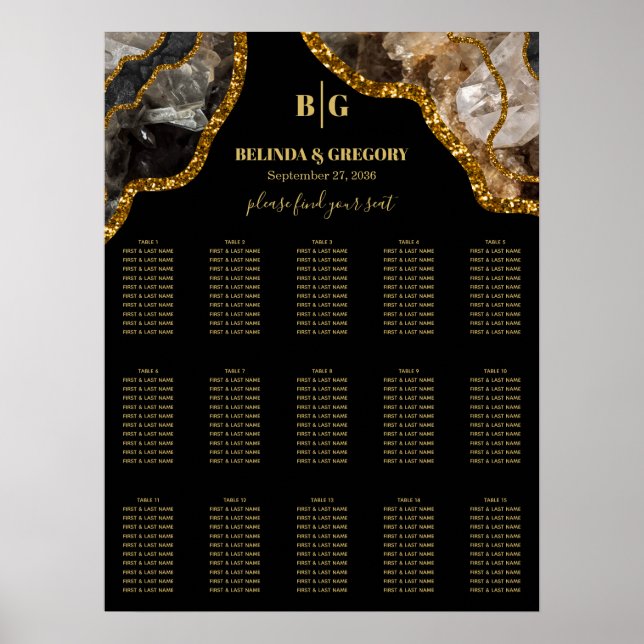 Svart och Guld Agate Geode Bröllop-sätesdiagram Poster (Framsidan)