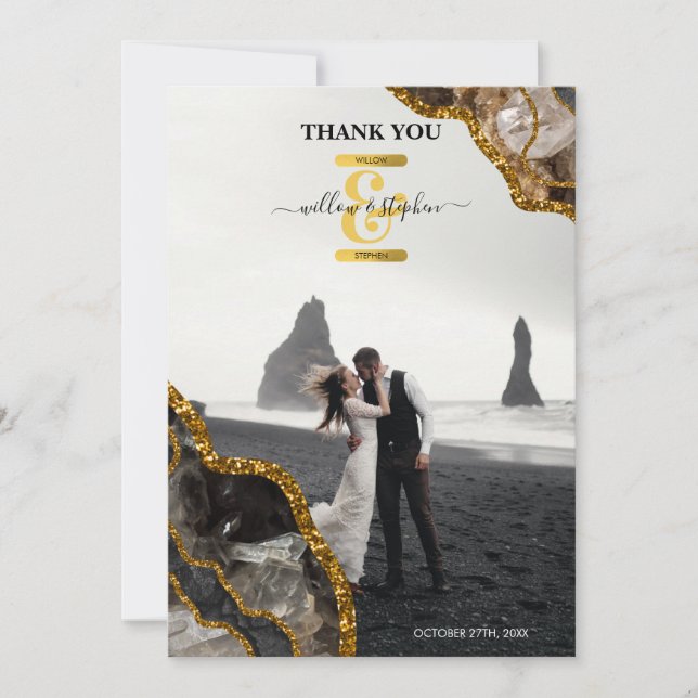 Svart och Guld Agate Geode Glitter Bröllop Foto Tack Kort (Framsida)