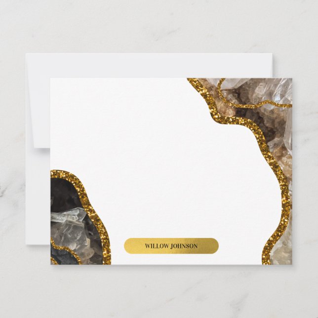 Svart och Guld Agate Geode Glitter Stationery Anteckningskort (Framsida)