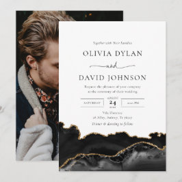 Svart och Guld Agate Photo Wedding-inbjudan Inbjudningar