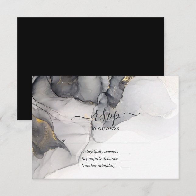 Svart och Guld-Alkohol Bläck Bröllop OSA Card Kort (Fram/baksida)