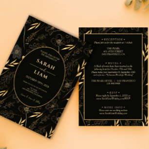 Svart och Guld Anemone Wildblomma allt i ett Bröll Inbjudningar