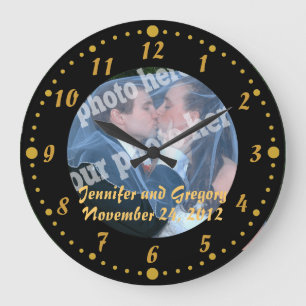 Svart och Guld Anpassningsbar Photo Bröllop Clock- Stor Klocka