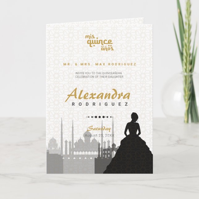 Svart och Guld Arabian Quinceañera Fotoinbjudan Inbjudan (Framsida)