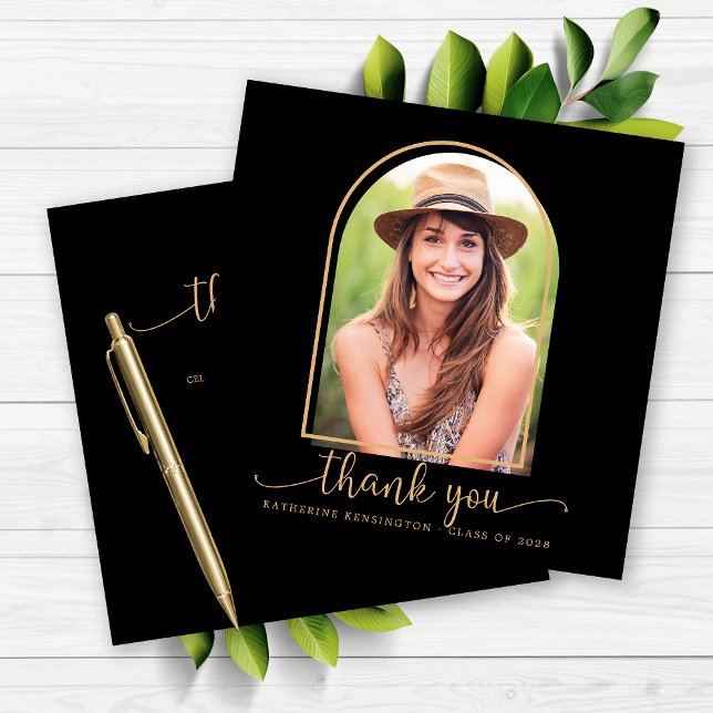 Svart och Guld Arch Photo Studenten Tack (Black and Gold Arch Photo Graduation Thank You Card)
