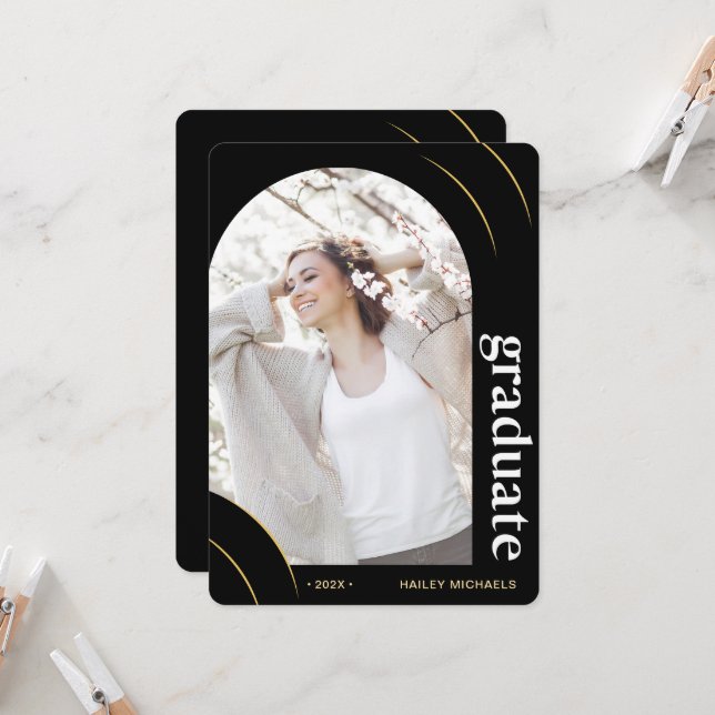 Svart och Guld Arch Photo Studentfest Inbjudningar (Fram/Back In Situ)