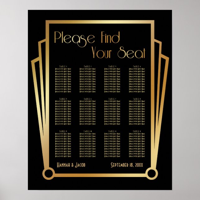 Svart och Guld Art Deco 12 Bord Sittdiagram Poster (Framsidan)