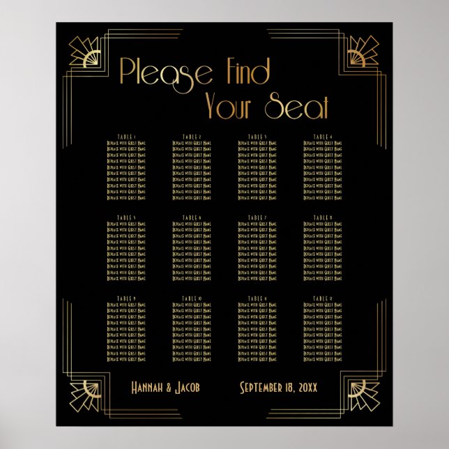 Svart och Guld Art Deco 12 Bord Sittdiagram Poster (Framsidan)