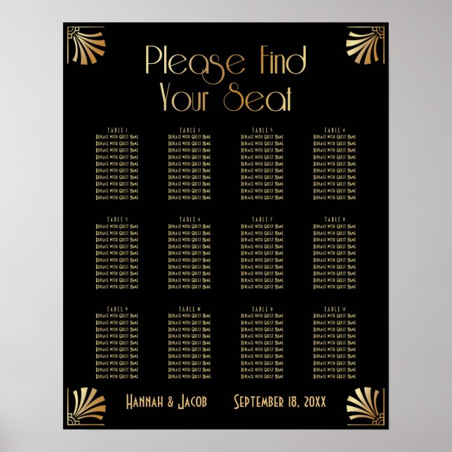 Svart och Guld Art Deco 12 Bord Sittdiagram Poster (Framsidan)