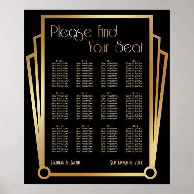 Svart och Guld Art Deco 12 Bord Sittdiagram Poster (Framsidan)