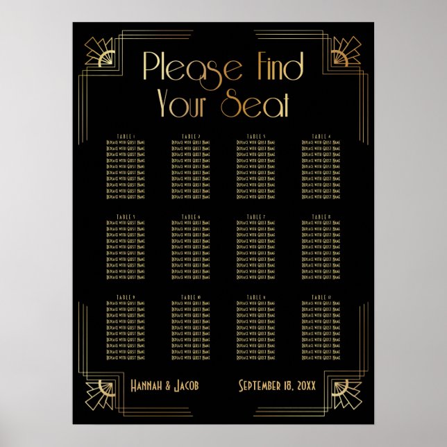 Svart och Guld Art Deco 12 Bord Sittdiagram Poster (Framsidan)