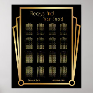 Svart och Guld Art Deco 16 Bord Sittplatsdiagram Poster