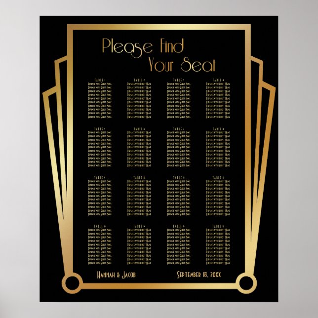 Svart och Guld Art Deco 16 Bord Sittplatsdiagram Poster (Framsidan)