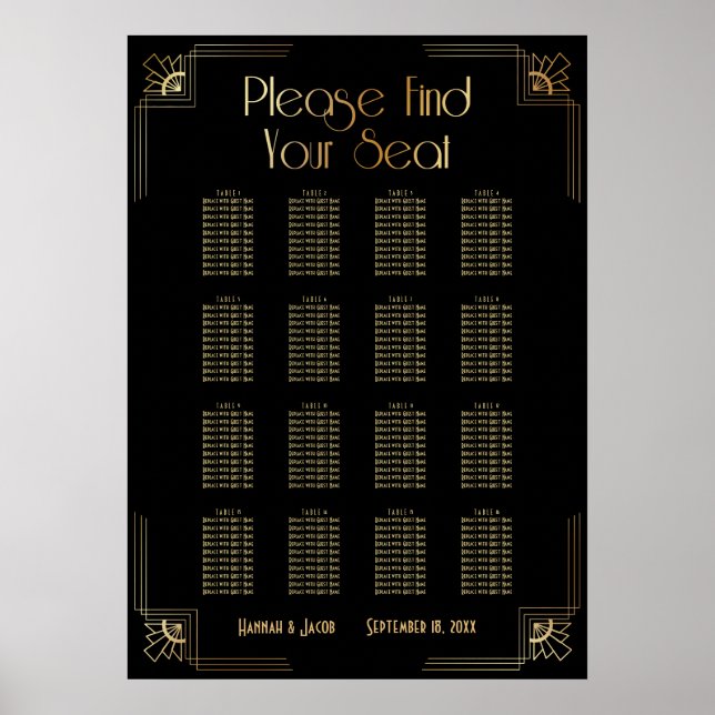 Svart och Guld Art Deco 16 Bord Sittplatsdiagram Poster (Framsidan)