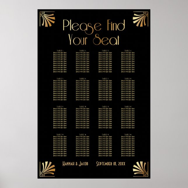 Svart och Guld Art Deco 16 Bord Sittplatsdiagram Poster (Framsidan)