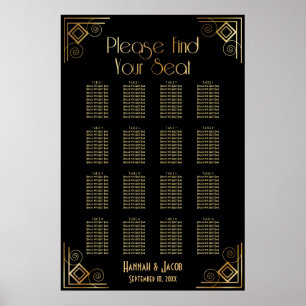 Svart och Guld Art Deco 16 Bord Sittplatsdiagram Poster