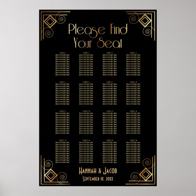 Svart och Guld Art Deco 16 Bord Sittplatsdiagram Poster (Framsidan)