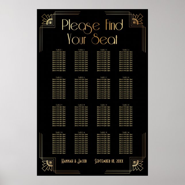 Svart och Guld Art Deco 16 Bord Sittplatsdiagram Poster (Framsidan)