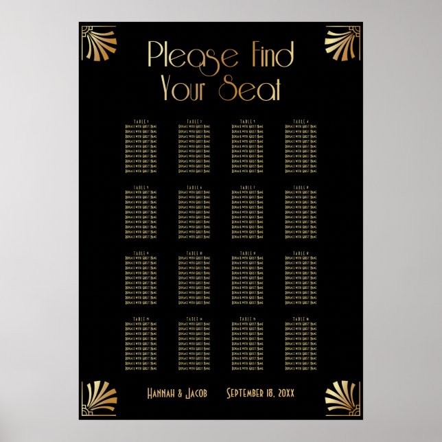 Svart och Guld Art Deco 16 Bord Sittplatsdiagram Poster (Framsidan)