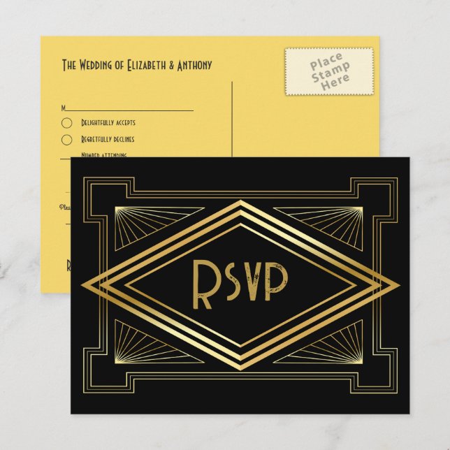 Svart och Guld Art Deco Bröllop RSVP QR-kod Vykort (Fram/baksida)