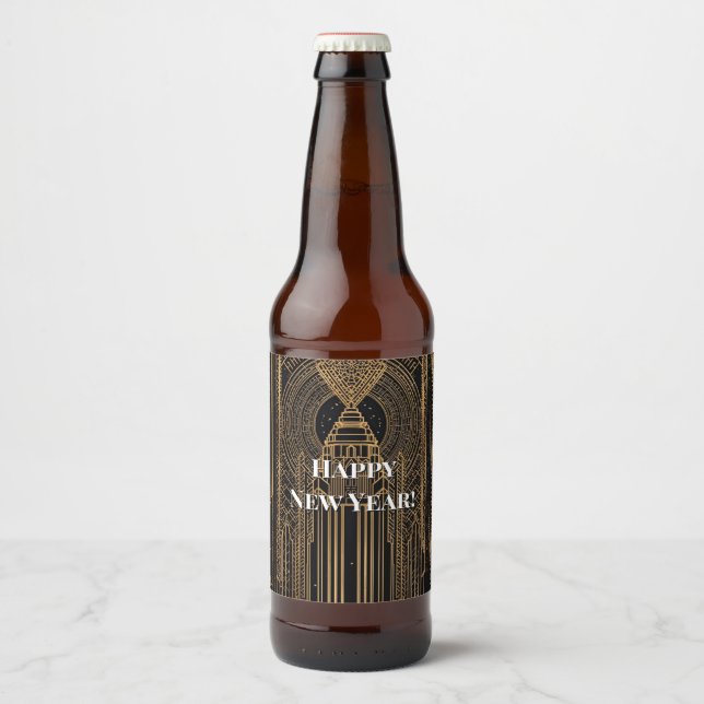 Svart och guld Art Deco-festhatt Ölflaska Etikett (Framsida)