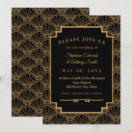 Svart och Guld Art Deco Fläkt Flowers Bröllop Inbjudningar