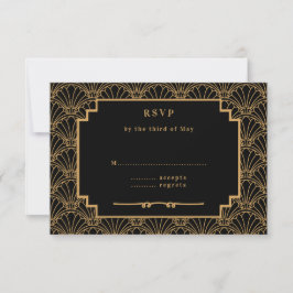 Svart och Guld Art Deco Fläkt Flowers Bröllop OSA Kort