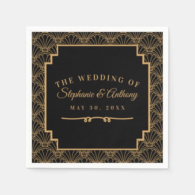 Svart och Guld Art Deco Fläkt Flowers Bröllop Pappersservett (Framsidan)