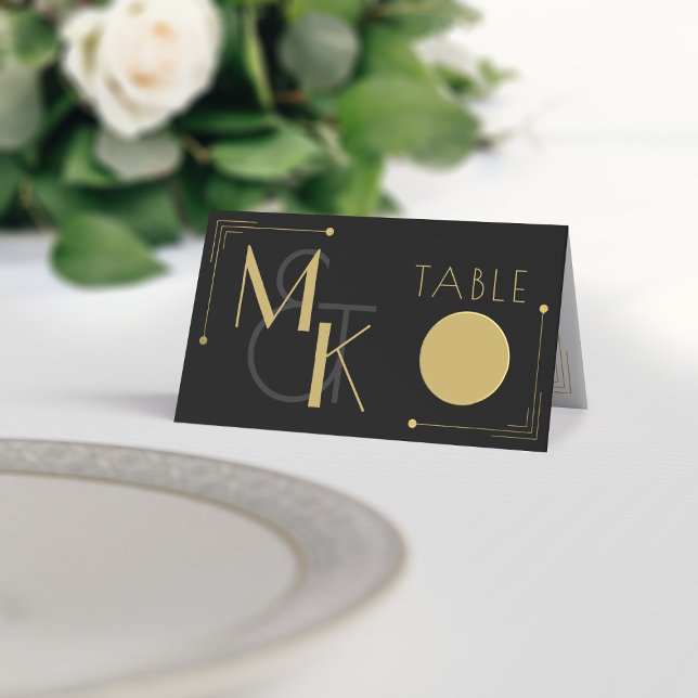 Svart och Guld Art Deco Gatsby 1920-talet Bröllop Placeringskort (Black & Gold Art Deco inspired place card suitable for 1920s themed weddings. Just add your details)