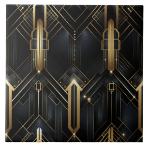 Svart och Guld Art Deco, Geometrisk Roligt Kakelplatta