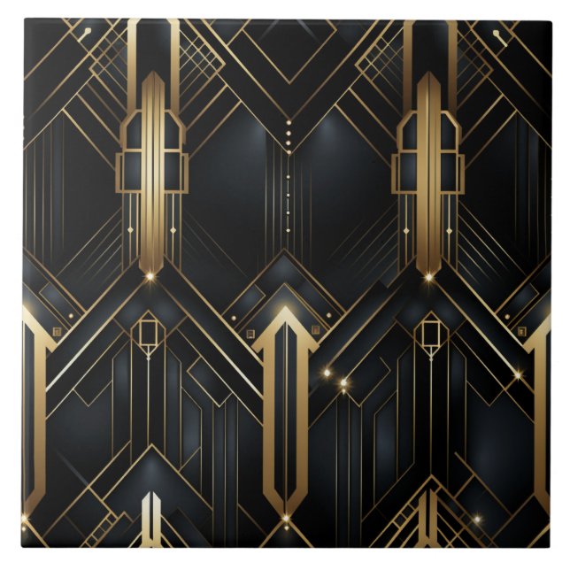 Svart och Guld Art Deco, Geometrisk Roligt Kakelplatta (Framsidan)