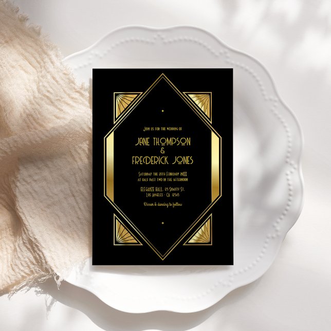 Svart och guld Art Deco Guld Bröllopsfoto Inbjudningar (Black and Gold Art Deco Gold Wedding Photo Invitation)