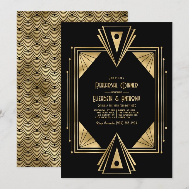 Svart och guld Art Deco Guld Övningsmiddag Inbjudningar (Fram/baksida)
