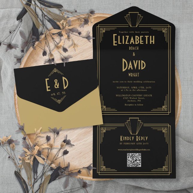 Svart och Guld Art Deco Monogram QR-kod Bröllop (Black And Gold Art Deco Monogram QR Code Wedding All In One Invitation)