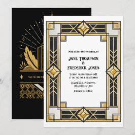 Svart och guld Art Deco QR-kod RSVP Bröllop Inbjudningar