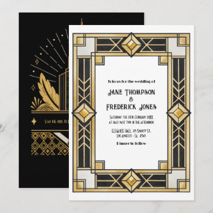 Svart och guld Art Deco QR-kod RSVP Bröllop Inbjudningar